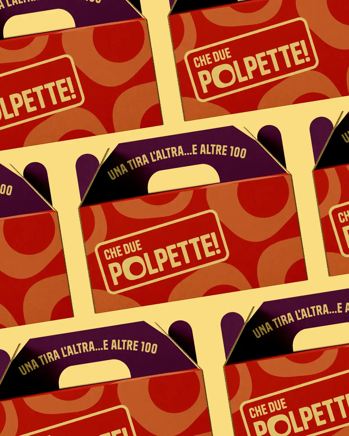 Mockup di scatole per l'asporto disposte a pattern, che evidenziano il logo del brand e il sistema visivo in uso nel packaging.