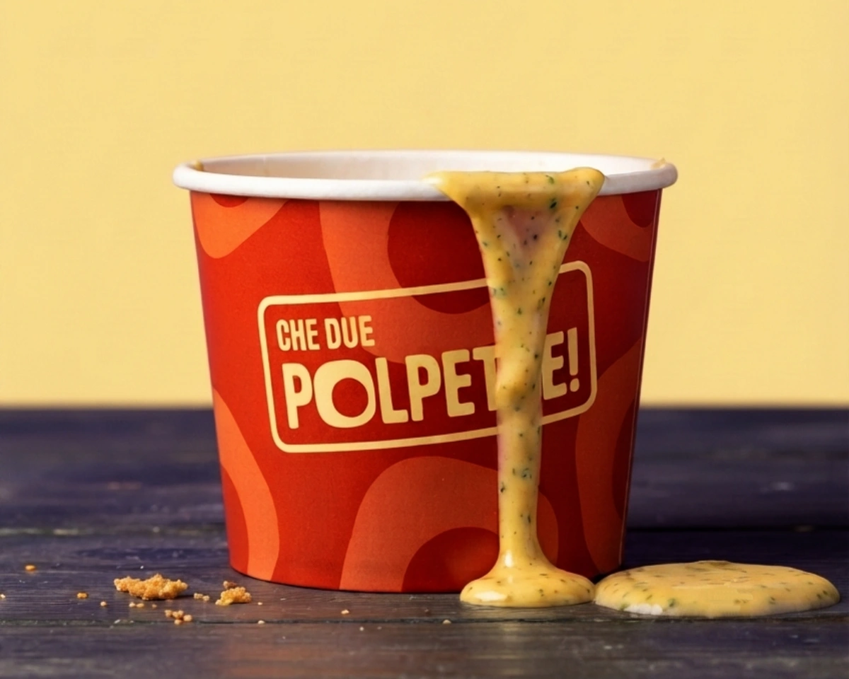 Mockup di una cup in carta per l'asporto delle polpette, con il logo e il pattern del brand, arricchita da una colatura di salsa.