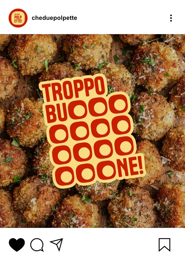 Mockup di post Instagram con uno scatto ravvicinato delle polpette e l'applicazione dello stile grafico e del tono di voce del brand.