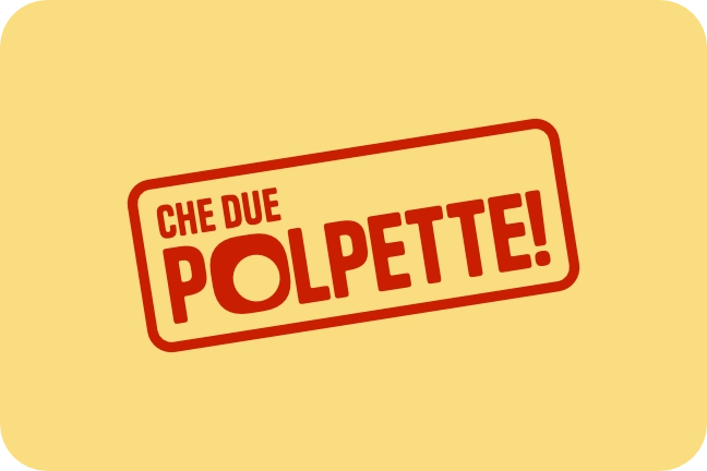 Versione primaria del logo Che Due Polpette! in rosso su sfondo giallo pallido