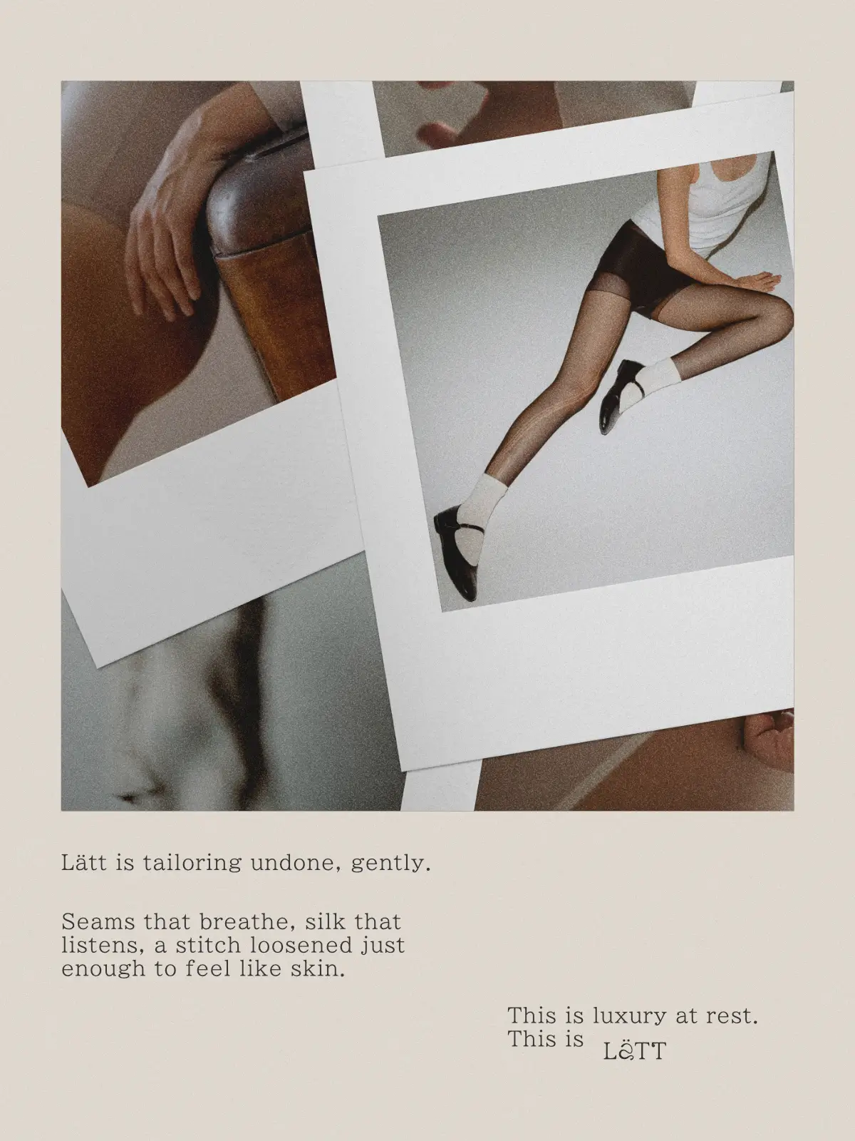 Pagina di moodbook o lookbook Lätt che presenta un collage di foto intime e sfocate, accompagnato dal testo completo della filosofia del brand sulla moda rilassata e tattile.