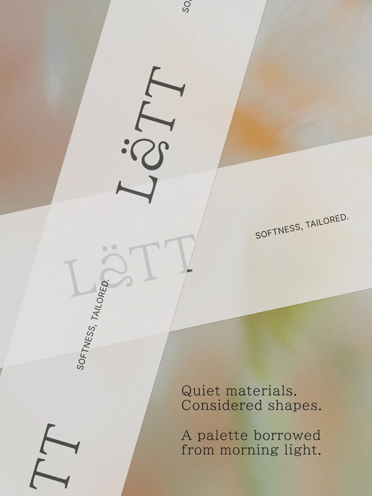 Presentazione del brand Lätt con frasi evocative sulla qualità dei materiali e la palette di colore ispirata dalla luce mattutina.